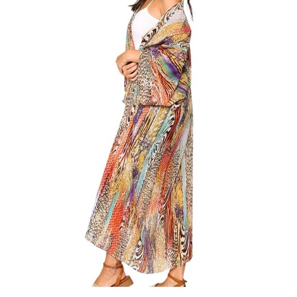 KIMONO Mix-Print Open Front Maxi Kimono Small - Picture 4 of 4